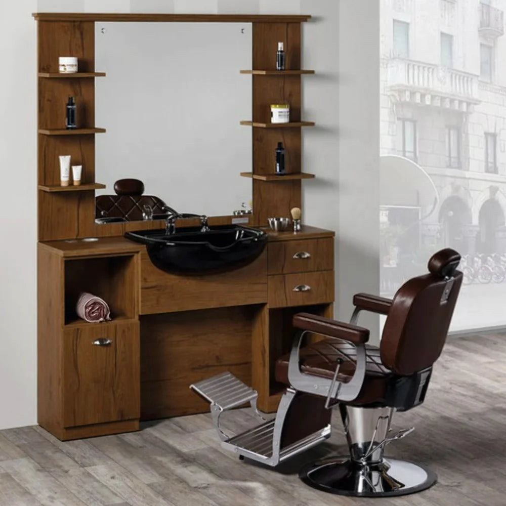 Salon Mirror Station High Quality Vintage Marble Barber Mirror Station with Ceramic Bowls Hair Salon Equipment