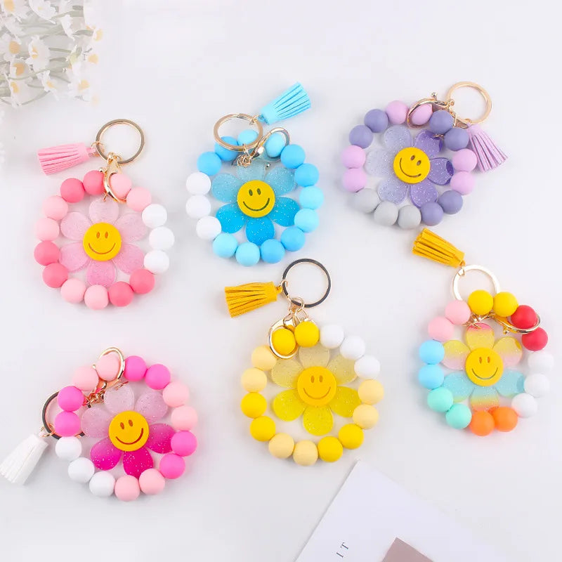 Colorful Silicone Beaded Bracelet and Wristlet Bangle Acrylic Flower Charm Keychain for Kids Women Tassel Children's Day Gift