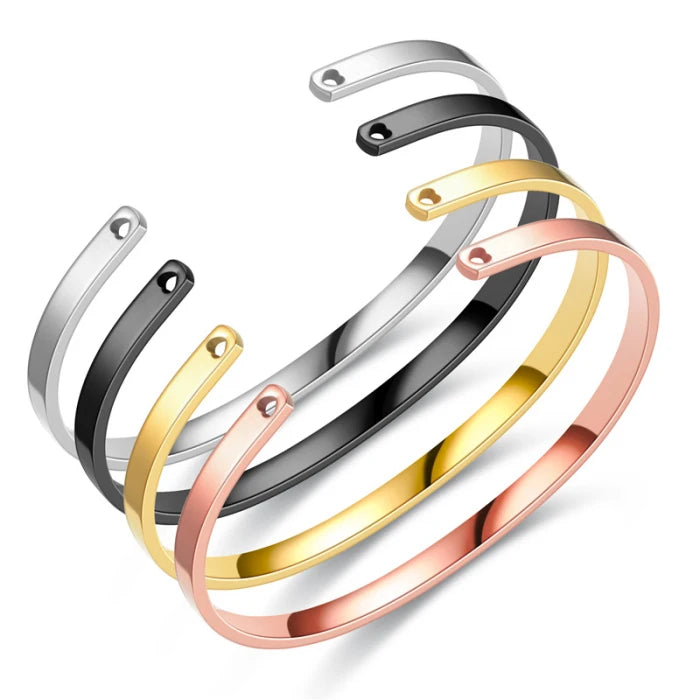 Hot Selling 4mm Width Stainless Steel Hollow Heart Custom Signs Letter Logo Text Engraved Adjustable Open Cuff Bangle Bracelet