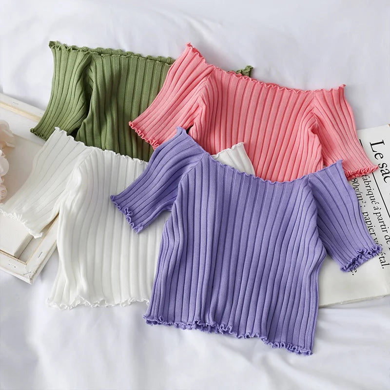 Women Off Shoulder T-shirts Knitted Ruffles Hem Crop Tops Short Sleeve T-shirts for Women 2021 Summer Tops Female