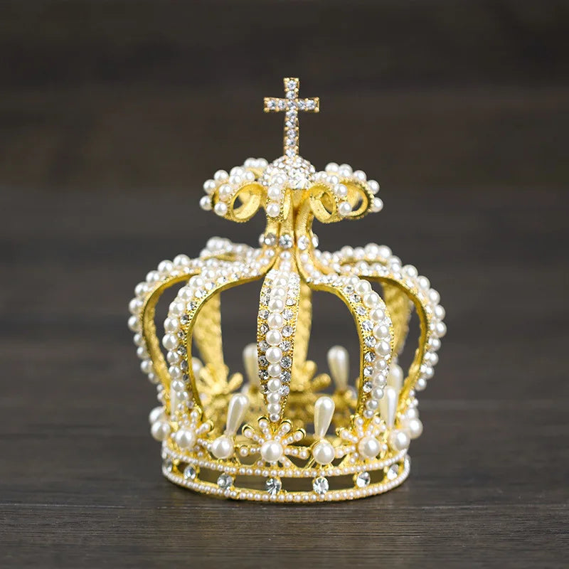 Custom Wholesale Miss World Beauty Pageant Crown for Wedding Cake Decorative Pearl Cross Tiaras Crowns