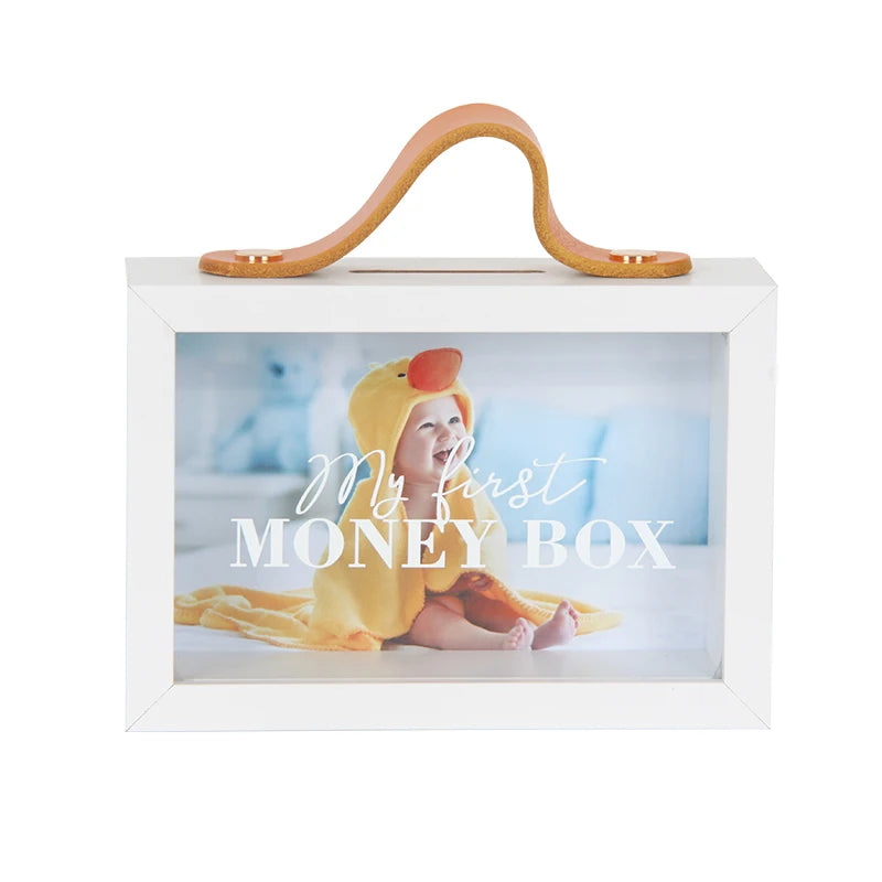 Decorative Rectangle Wooden Shadow Money Box for Saving White Saving Box for Coins with Leather Handle