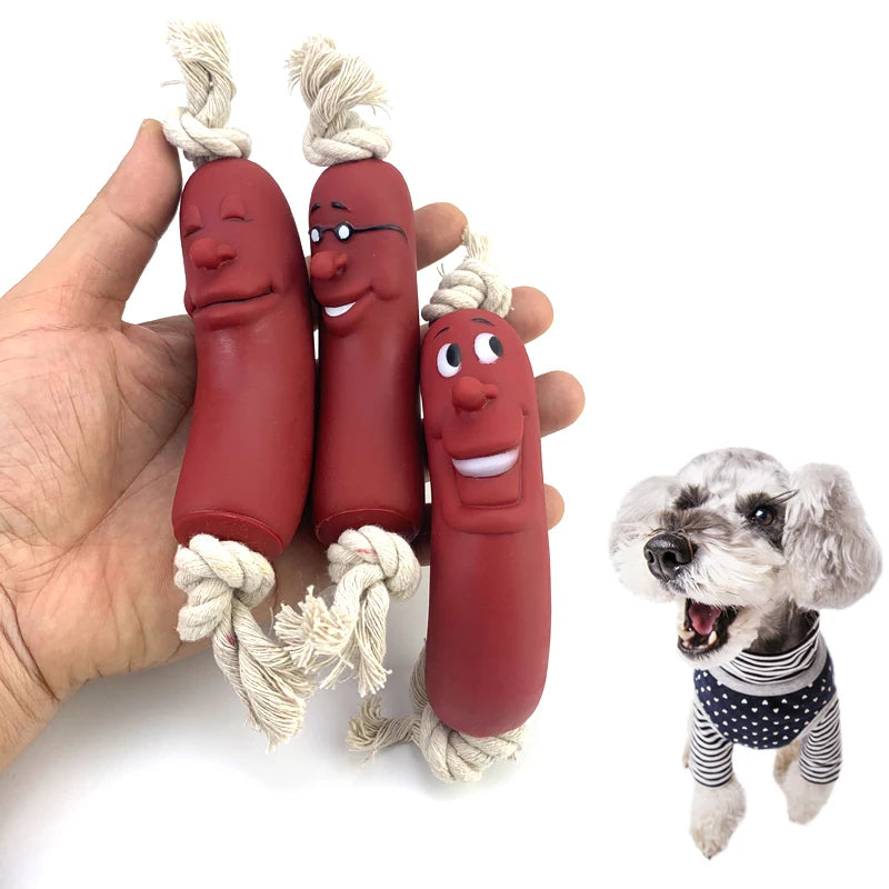 Cute Smiley Face Red Rubber Sausage Healthy Chewing Latex Dogs Bite Cotton Rope Toy for Small Medium Puppy Pet Supplies