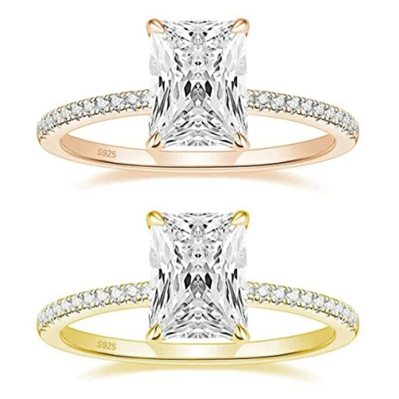 Hot Selling TELULA 925 Sterling Silver Plated Gold Zircon Engagement Ring Premium Quality Wedding Radiant Cut Gemstone Third