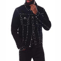 AeeDenim Custom Designers Men's Streetwear FashionJacket Diamond Rhinestone Black Wash Turn-down Collar Fleece Jacket Chains