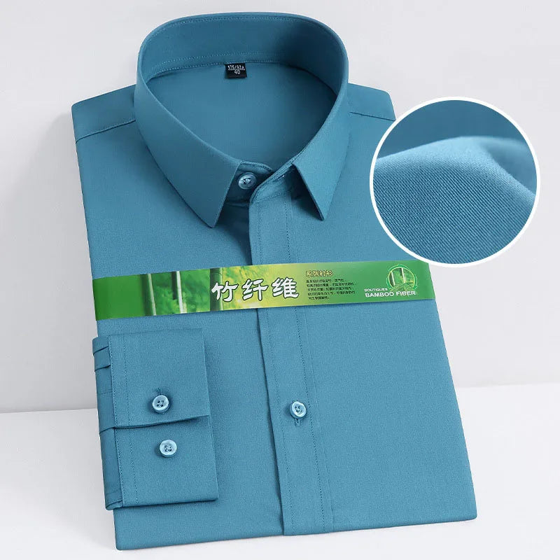 RNSHANGER Formal High-quality Spring and Autumn Bamboo Textile Long Sleeved Men's Shirt Slim Business Solid Color Male Shirts