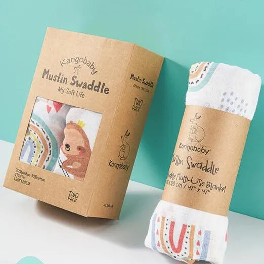 Kangobaby 2layers Bamboo Muslin Swaddle Customized Design Logo Baby Muslin Swaddle Blanket Neutral Organic Swaddle Wrap MegaBDM