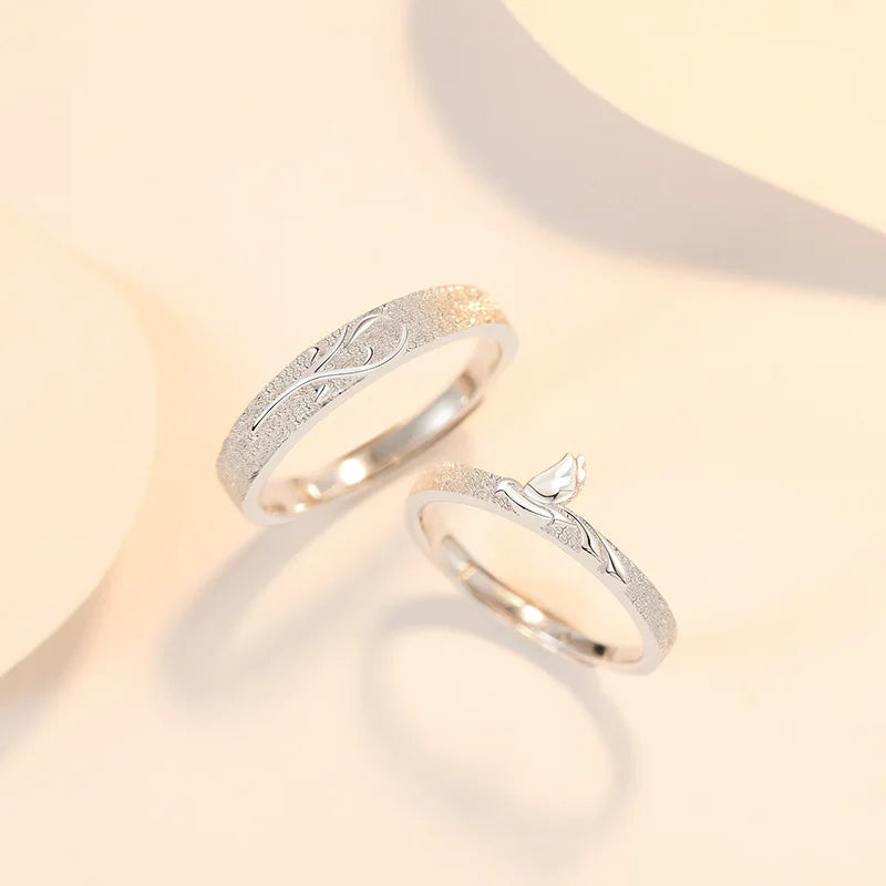 Night Bird And Rose Flower Wedding Rings Sterling Silver Valentine's Day Women Gift Jewelry Couple Open Ring