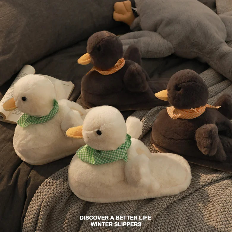 Cute White Duck Slipper Lovely Cotton Indoor Women Slippers Furry Soft Anti-Slip Plush Winter Slippers