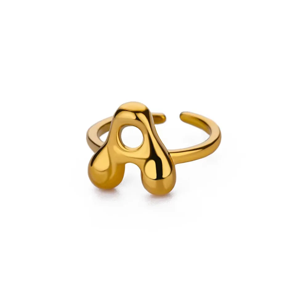 Stainless Steel Personalized Cute Dainty Balloon Initial Letter Ring in Gold Bubble Alphabet Letter Chunky Open Adjustable Ring