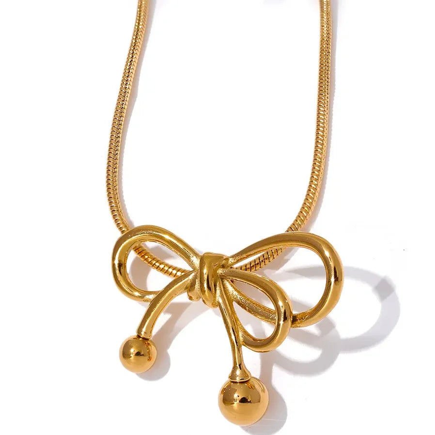 Premium Gold Snake Bone Necklace Non Tarnish Stainless Steel Necklace Elegant Round Bead Pendant Bow Necklace Gifts for Women