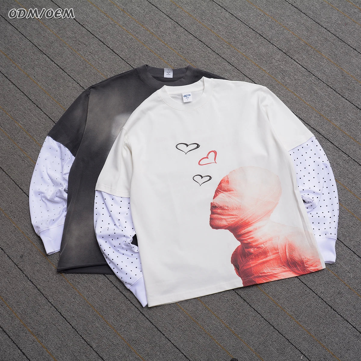 2024 Custom Streetwear Tee Cotton Acid Wash T Shirt Oversized Screen Print Long Sleeve Double Layer Long Sleeve T-shirts for Men