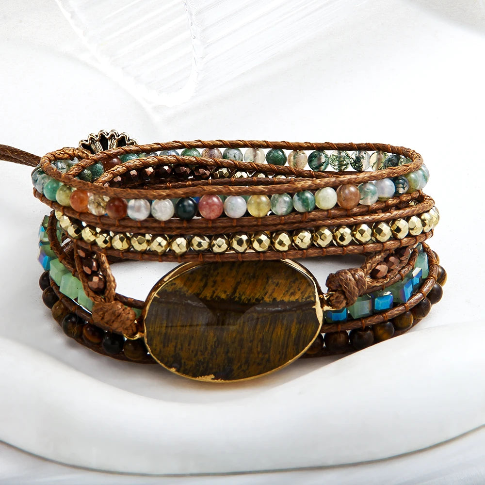 Summer Fashion Bohemian Ethnic Style Natural Stone Crystal Glass Beaded Weaving Wax Rope Bracelet Adjustable Wrap Bracelet