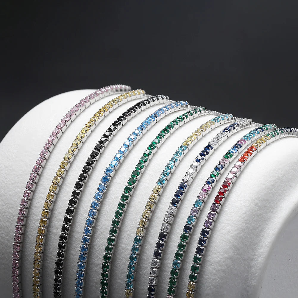 RINNTIN BSB149 Classic 925 Silver Rhodium Plated Multi Colors Cubic Zirconia Chain Bracelet Women's Adjustable Tennis Bracelet