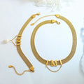 Hip Hop Single Fresh Water Pearl Jewelry Sets 18K Gold Plated Stainless Steel Mesh Watchband M Letter Necklace Bracelet Sets