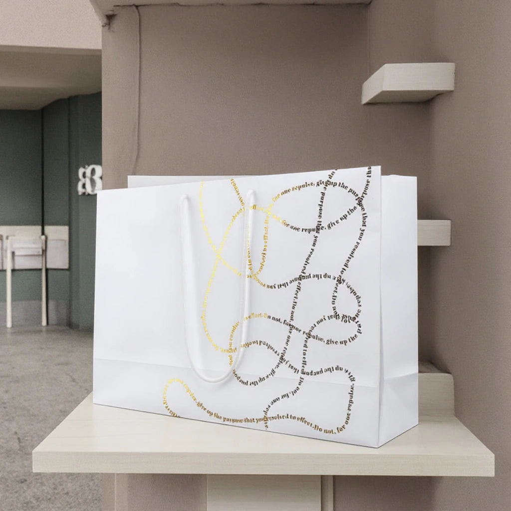 Wholesale Custom Logo Satin Rope Handle White Cardboard Paper Gift Bag With Gold Foil for Clothing & Shoes Packaging