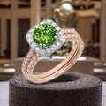 14k Solid Gold 2 Tone Gold Round Cut Halo Pave Solitaire Halo with Accent Genuine Natural Peridot Classic Ring Band Set