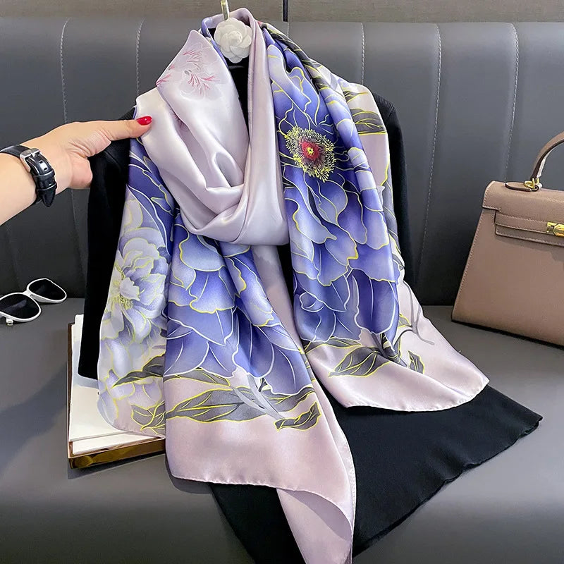 Newest Style Large Flower Print Women Silk Wrap Shawls Spring Summer Screen Printing Silk Scarf Female Floral Silk Scarf Hijabs