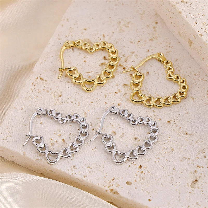New Fashion Dangle Hoop Earrings Gold Plated Stainless Steel Couple Earrings Tarnish Free Hollow Out Heart Earrings Wholesale