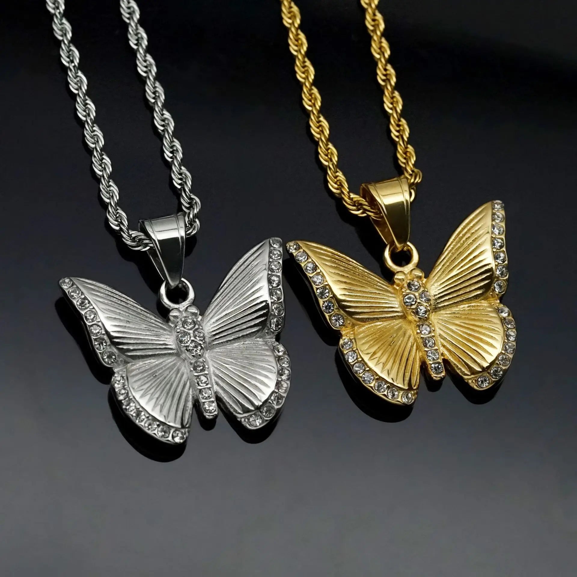 Vintage Waterproof Jewelry Stainless Steel Rhinestone butterfly Pendant Necklace