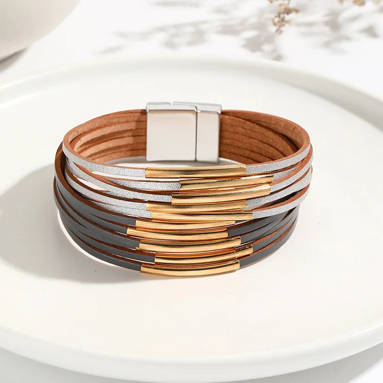 Hot Sale Leather Bracelet Crossover Multi-layer Thin Strip Leather Bracelet Magnetic Clasp Fashion Simple Leather Bracelet Women