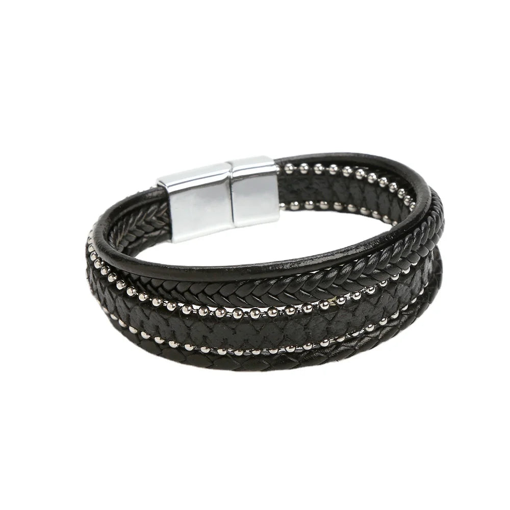 Boys Jewelry Silver Plating Magnetic Clasp Braided Leather Ball Chain Bracelet