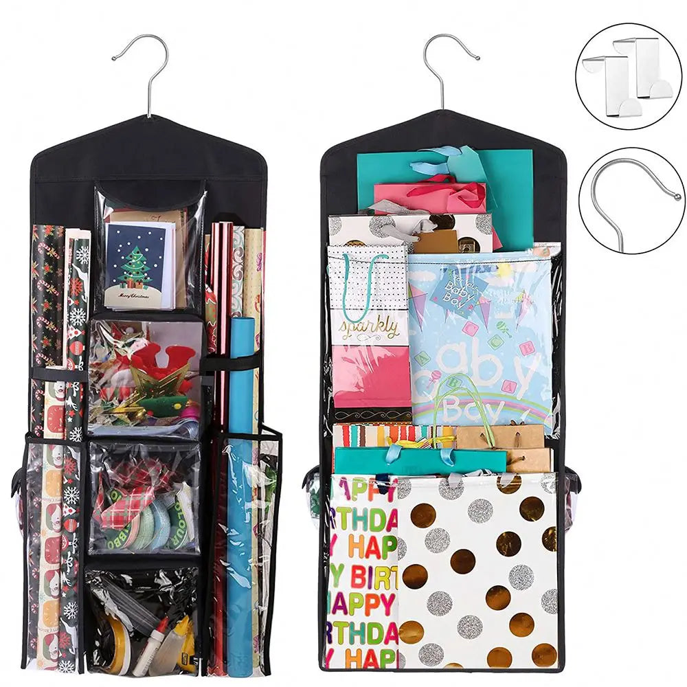 Holiday Wrapping Paper Storage Bag with Metal Hanger Premium Christmas Hanging Gift Wrap Organizer