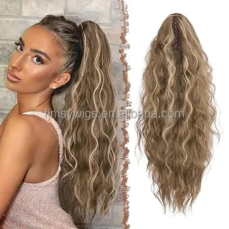 26-Inch Ash Blonde Mixed Claw Clip Pre-Bonded Nail Extensions Wavy Curly Synthetic Hairpiece for Women High Temperature Fiber