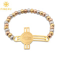 Tasbih Rosary Jewelry Gold Plated Virgin Mary Two Tone Beaded Stainless Steel Cross Christian Bracelet