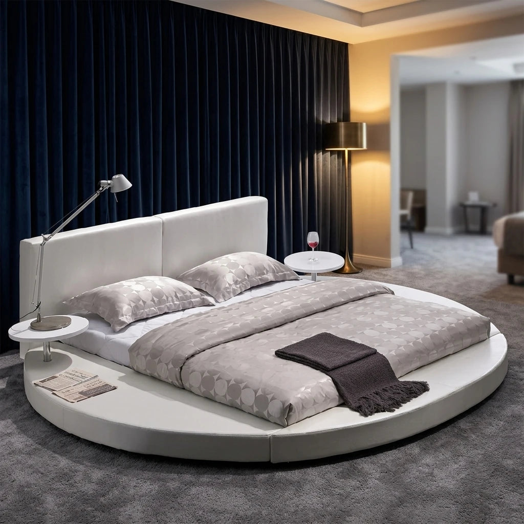 Modern Round Upholstered Bed Circular Platform Built-in Side Table Low Profile Base 2 Panel Headboard Leather Apartment Hotel