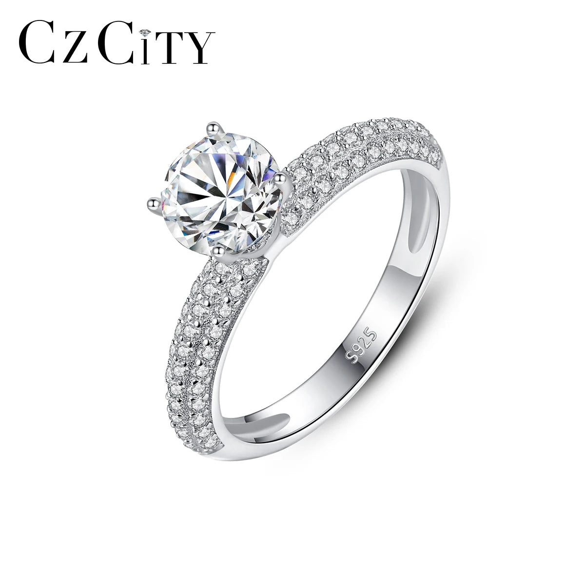 CZCITY S925 Silver Sterling Rings Moissanite Female Wedding Bridal Jewelry Clear CZ Round Finger Rings for Women Wedding