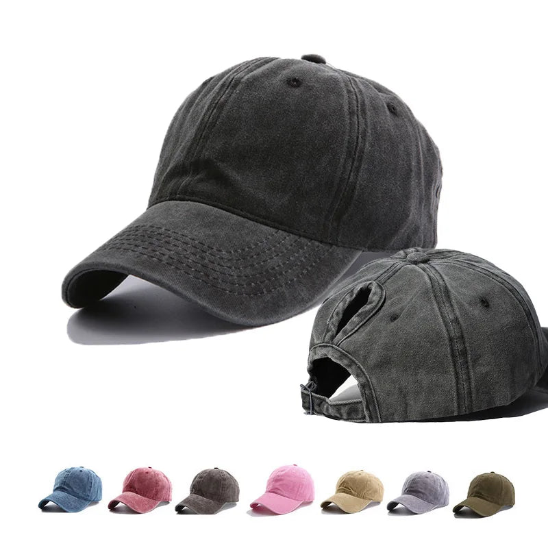 Sports Denim Ponytail Baseball Caps Unisex 6-Panel Common Fabric Distressed Washed Dad Hat Adjustable Metal Buckle Gorras