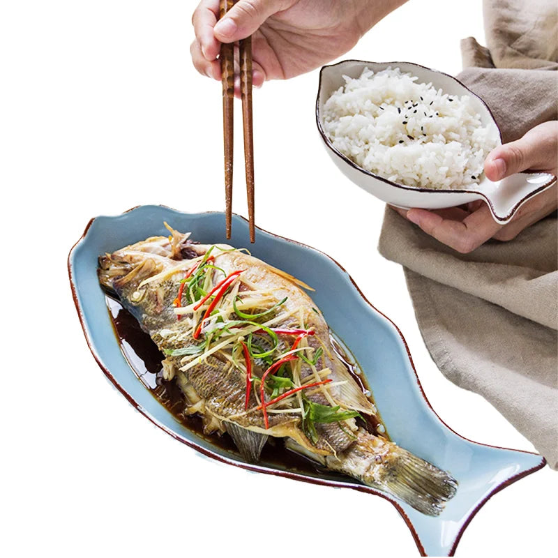 Tableware Ceramic Serving Food Tray Dinner Platos Blue White Fish Shaped Plates for Home