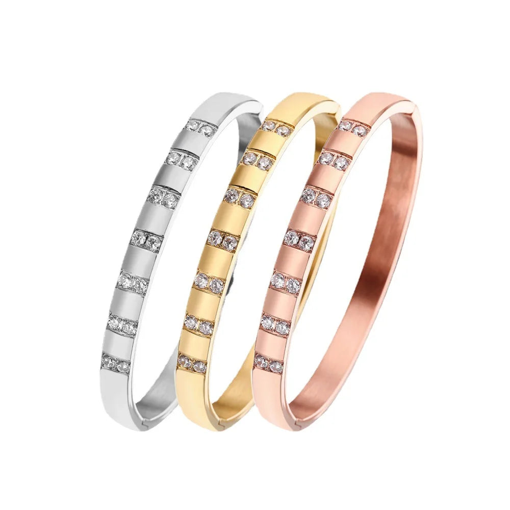 High Quality Titanium Steel Snap-On Egg Shaped Bangle Stainless Steel Zircon Cuff Bracelet for Couples Fashion Jewelry