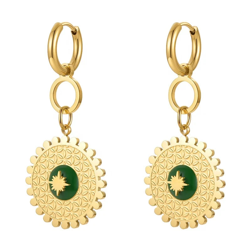 18K Gold Plated Stainless Steel Jewelry Epoxy Peacock Green Sun Flower Pendant Hoop Accessories Earrings E221362