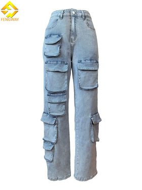 Women Jeans Washed Blue Big Pockets High Waist Y2k Cotton Pants Workout Denim Long Pants Casual Cargo Denim Jeans for Women