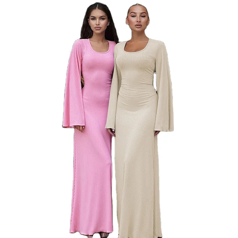 Autumn New Arrival Fashion Sexy Solid Color Casual Loose Dress Long Sleeve Elegant Party Long Dress for Women