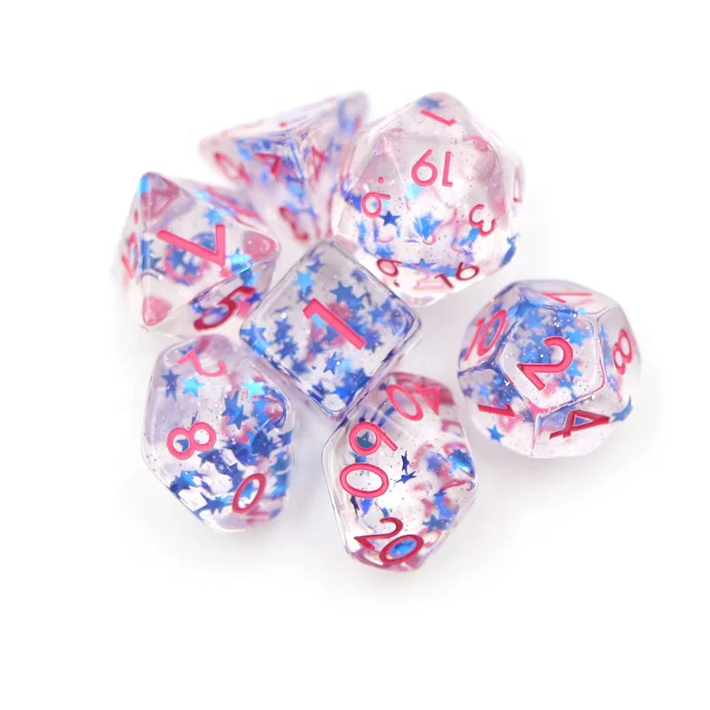 RPG DND Dice Set Polyhedral 16mm Resin Silver Glitter and Blue Stars with Dark pink Ink Custom Dice