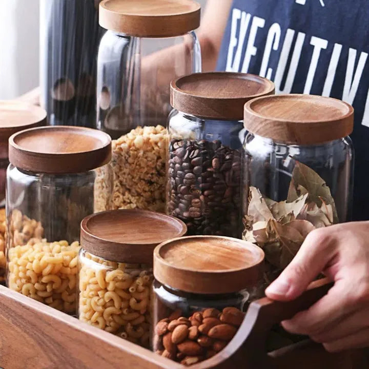 Airtight Glass Jar with Acacia Wood Clip-on Lid Sustainable Portable Coffee Storage for Back to School