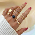 12pcs/set Geometric Punk Oil Drip Gold Plated Crystal Finger Ring Set Punk Diamond Chunky Pearl Rings Set for Women Jewelry Gift