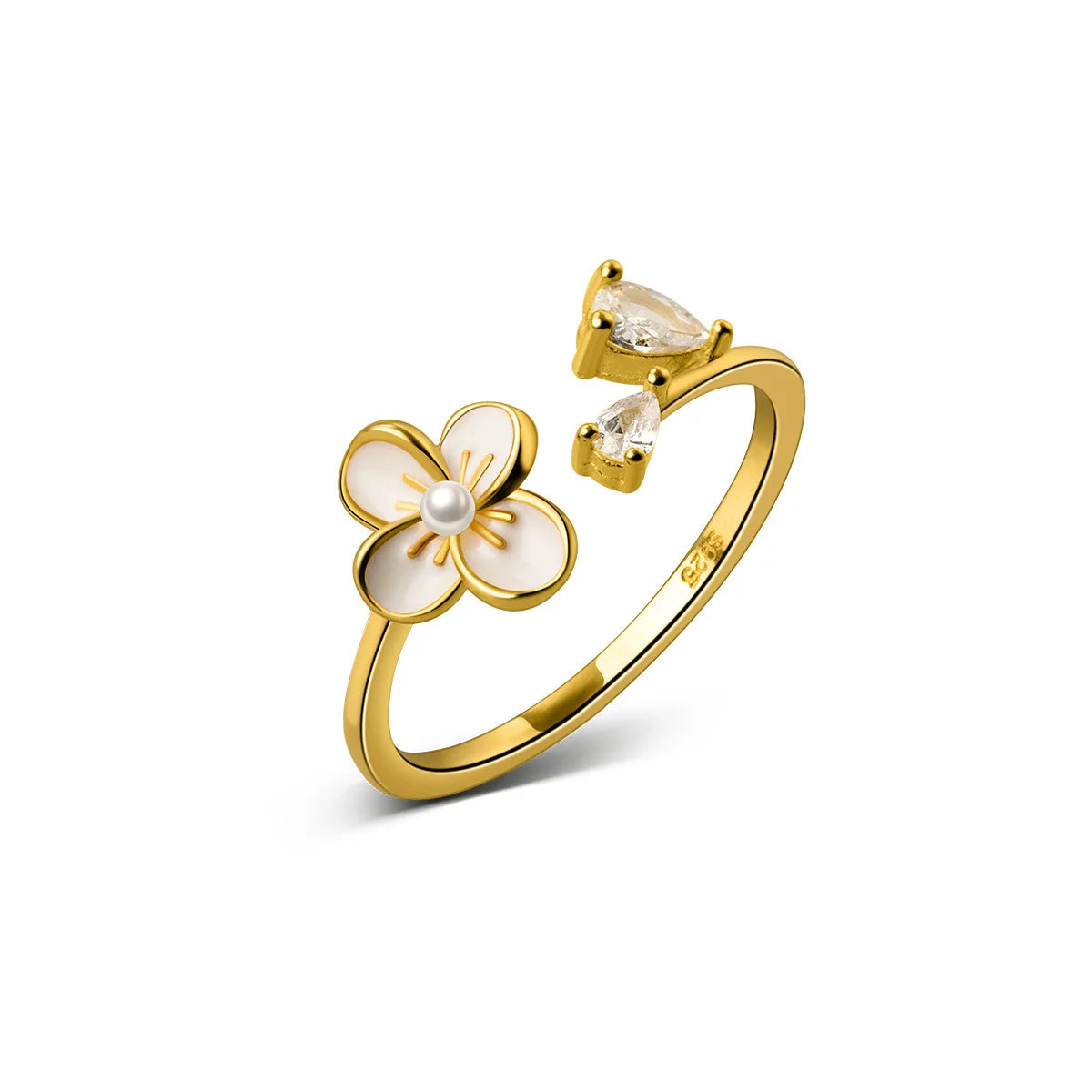 925 Sterling Silver White Flower Shape Adjustable Open Gold Plated Zircon Knuckle Finger Rings Fashion Jewelry for Women