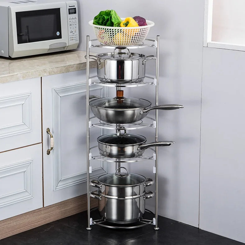 Home Kitchen 5-layer Stainless Steel Metal Pan Pot Organizer Rack Stand Standing Type Folding Design Adjustable Space-Saving