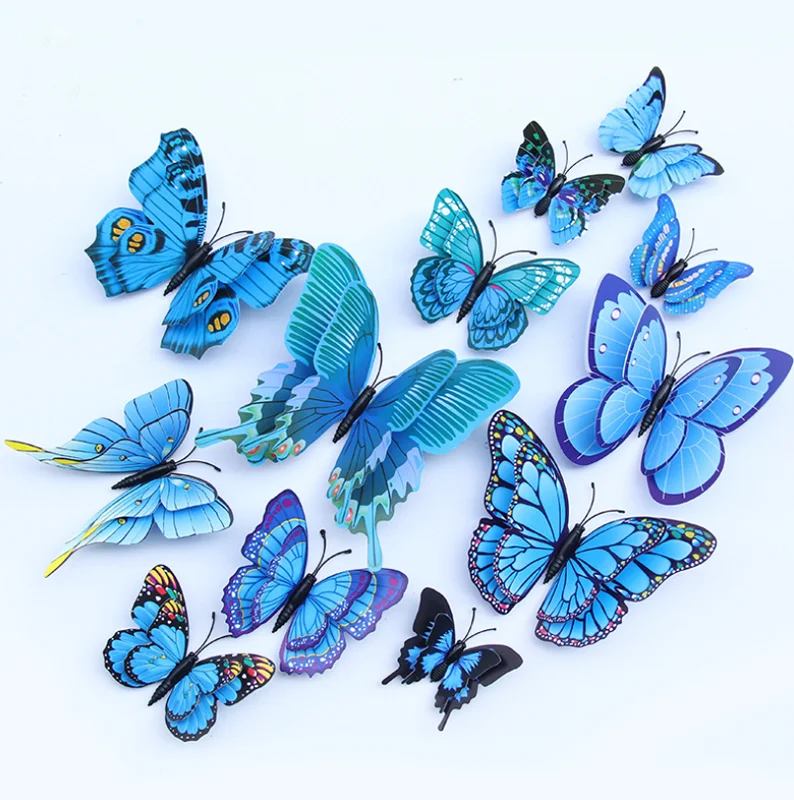 Party Decoration Adhesive Blue Double Layer 3d butterfly Wall Stickers
