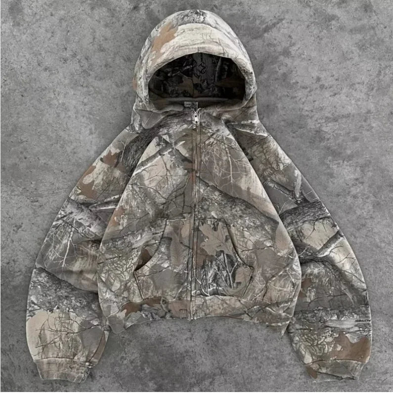 Wholesale Mens 100% Cotton Hunting Streetwear Cropped Oversize Digital Print Camo Hoodie Real Tree Printed Zip up Hoodies