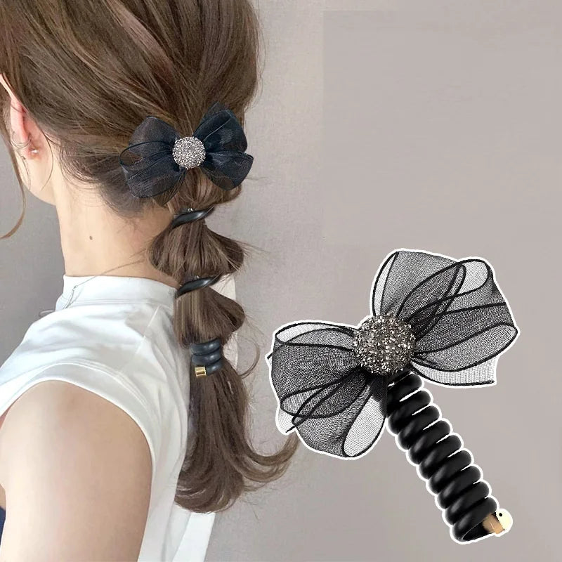 Telephone Straight Spiral Hair Ties Bubble Braid Telephone Line Braid Ponytail Accessories Love Mesh Broken Bow Elastic Headband