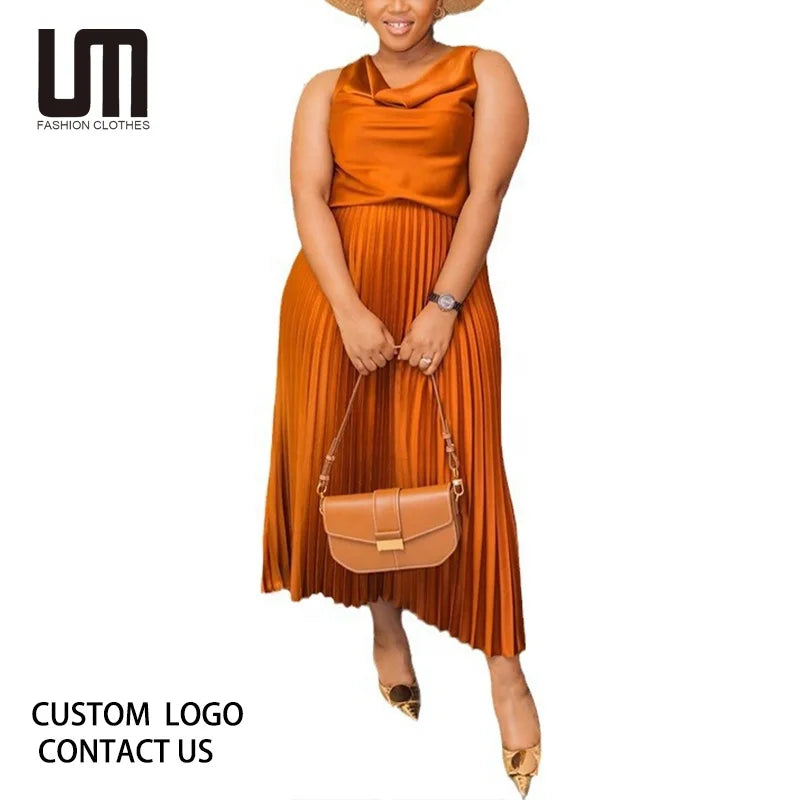 Liu Ming 2024 Women's Casual Solid Pattern Neck Sleeveless Slim Tops Irregular Hem Pleated Skirt Set Two Piece Latest Product