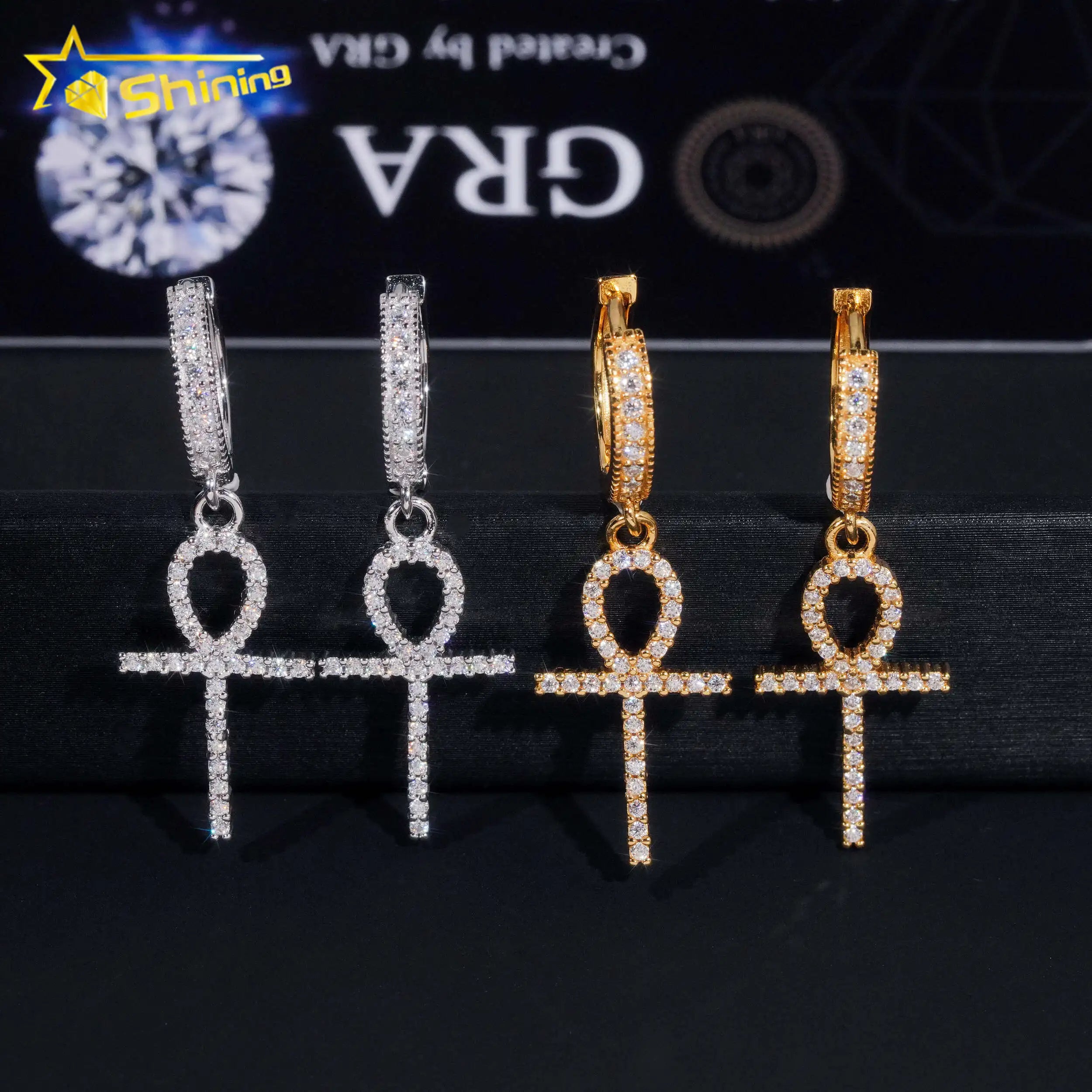 Men Hip Hop Cross Style Drop Earrings Fine Jewelry Gold Plated 925 Sterling Silver Iced Out VVS Moissanite Earrings