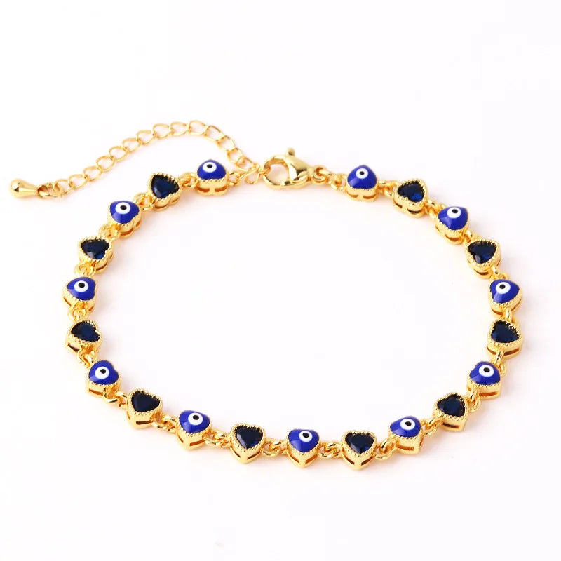 Advanced Copper Gold Plated Drip Oil Zircon Heart Shaped Devil Eyes Adjustable Hand Hip Hop Bracelet for Men and Women