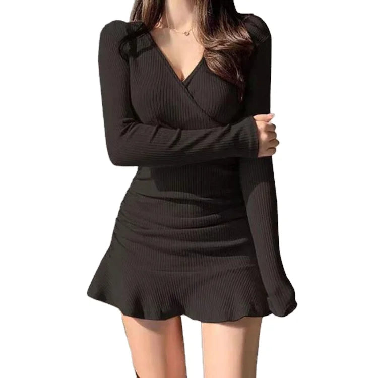 Autumn Black Knitted Ribbed Midi Dresses for Women V Neck Elegant Korean Clothes Long Sleeve Ruffles Bodycon Dresses