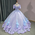 Lilac Bling Sweetheart 3D Flowers Quinceanera Dress Puff Sleeves Crystal Sequin Beads Ball Gown 6603